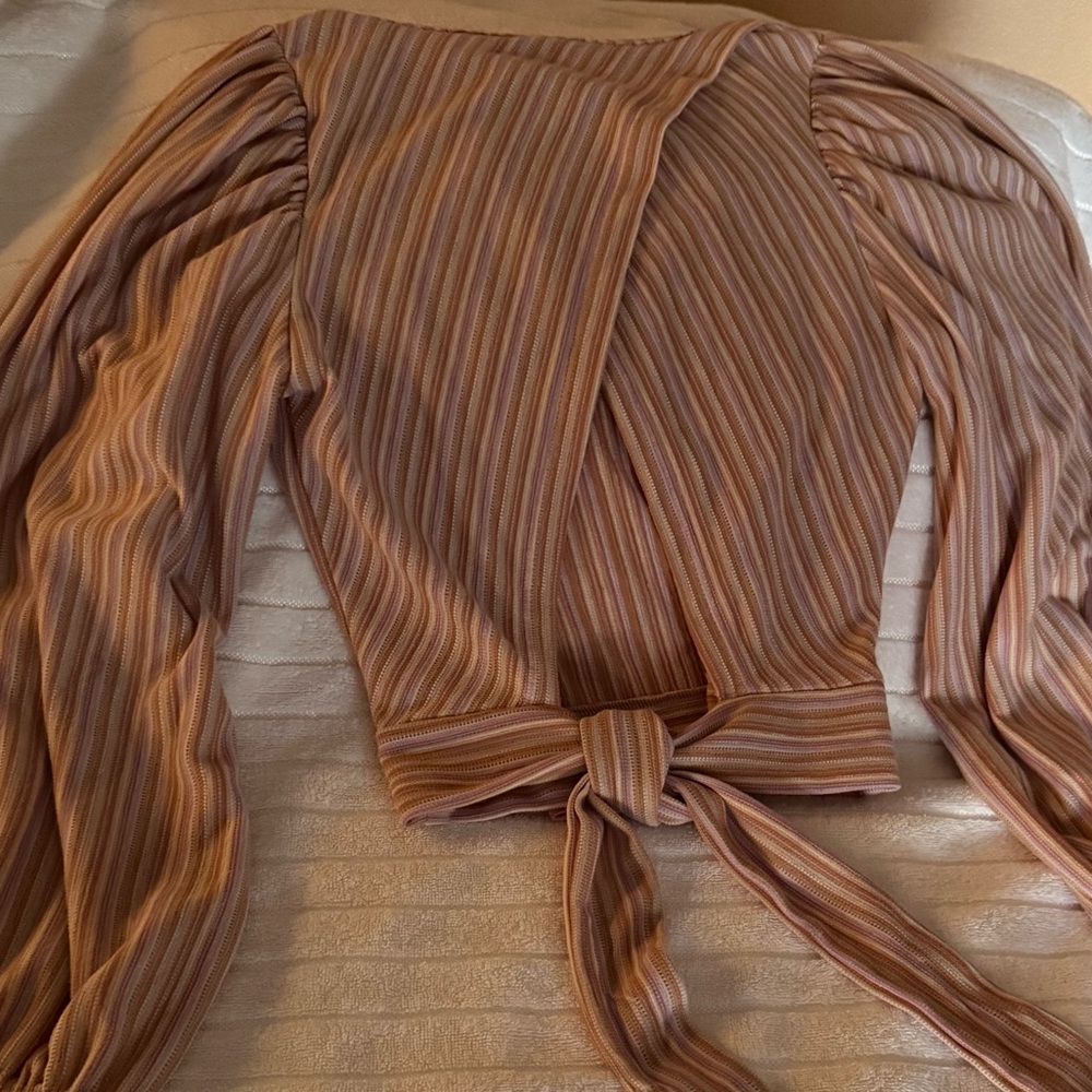 Free People Autumn Nights Striped Puff Sleeve Tie-Back Top - Orchid Rain - Picture 2 of 8